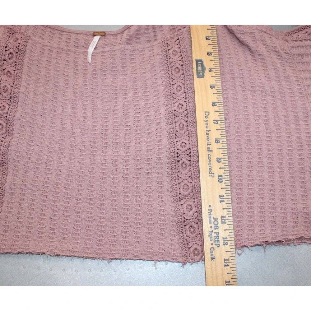 Free People Womens Waffle Knit Lace Crop Top Pink Boho‎ Long Sleeve Textured S